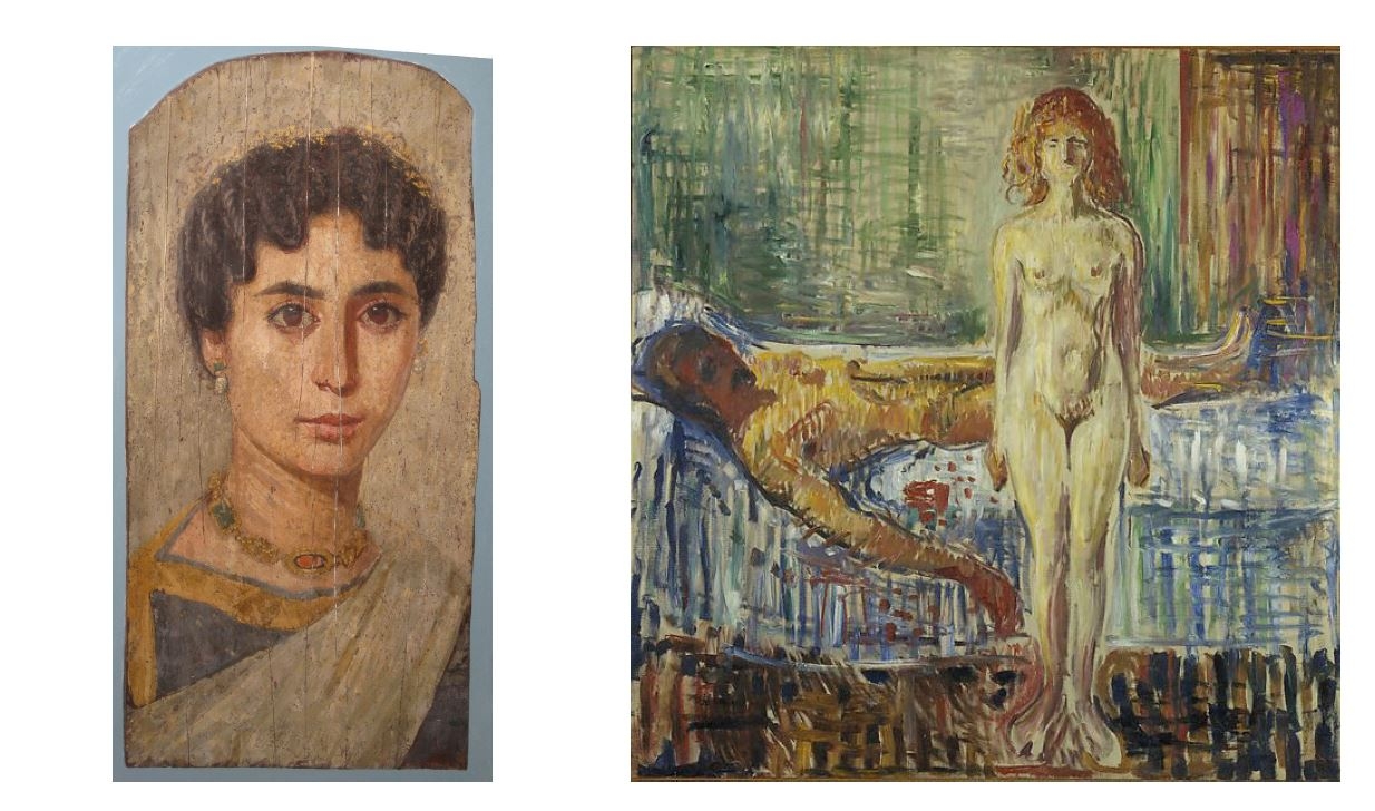 Left:&nbsp;Limewood Fayum Portrait of a Woman, ca. 160-170 BCE
17 1/2 x 6 x 2 inches (44.5 x 15.5 x 5.5 cm)

Collection: British Museum

Right: Edvard Munch
&ldquo;The Death of Marat II&rdquo;, 1907
Oil on canvas, 58 1/4 x 60 1/4 inches (148 x 153 cm)

Collection: Munch Museum, Oslo