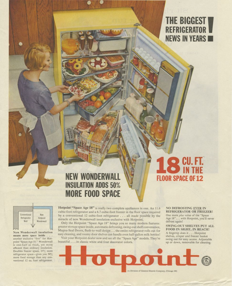 Vintage Hotpoint &ldquo;Space Age 18&rdquo; refrigerator advertisement, ca. 1960