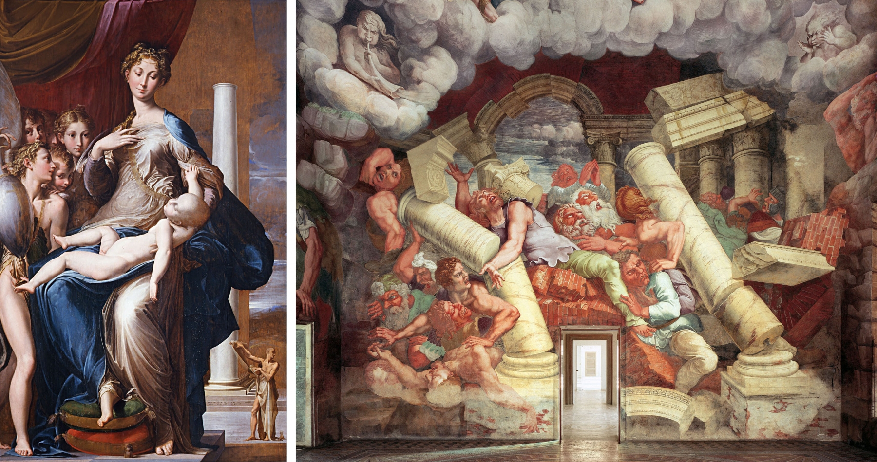 Left: Parmigianino, &ldquo;The Madonna with the Long Neck (Italian: Madonna dal collo lungo)&rdquo;, 1535 - 1540

Oil on wood, 85 x 52 inches (216 cm x 132 cm)
Collection: Galleria degli Uffizi, Florence

&nbsp;

Right: Giulio Romano, &quot;La&nbsp;Ca&iacute;da de los Gigantes (The Fall of the Giants)&quot;, 1532 - 1535

Fresco

Tea Palace, Mantua&nbsp;

&nbsp;

&nbsp;